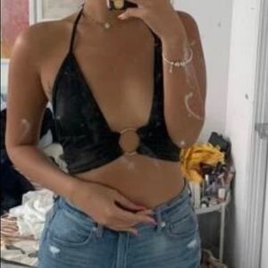 Plunging Ring Cropped Halter black top V bralette